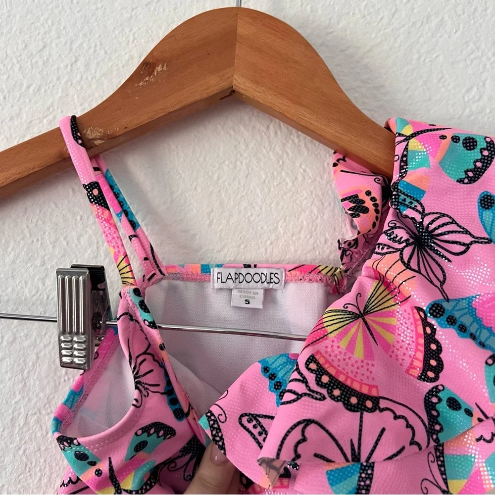 Flapdoodles Pink Sparkly Ruffle Butterfly Swimsuit Sz 5